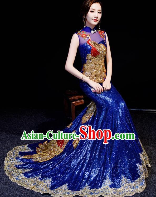 Chinese Spring Festival Gala Embroidered Peacock Royalblue Trailing Qipao Dress Traditional Compere Cheongsam Costume for Women
