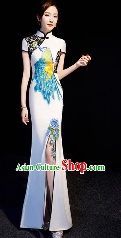 Chinese Traditional Embroidered Peacock White Qipao Dress Spring Festival Gala Compere Cheongsam Costume for Women