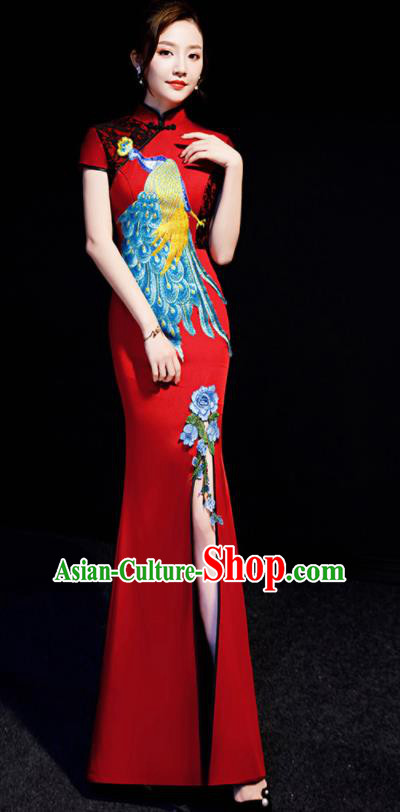 Chinese Traditional Embroidered Peacock Red Qipao Dress Spring Festival Gala Compere Cheongsam Costume for Women