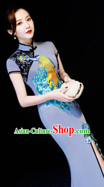 Chinese Traditional Embroidered Peacock Blue Qipao Dress Spring Festival Gala Compere Cheongsam Costume for Women