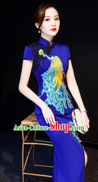 Chinese Traditional Embroidered Peacock Royalblue Qipao Dress Spring Festival Gala Compere Cheongsam Costume for Women