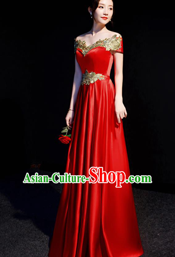 Top Compere Red Flat Shoulder Full Dress Evening Party Costume for Women