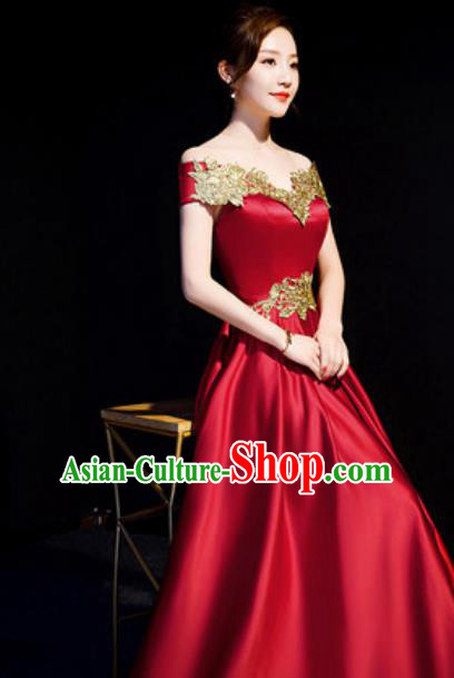 Top Compere Wine Red Flat Shoulder Full Dress Evening Party Costume for Women