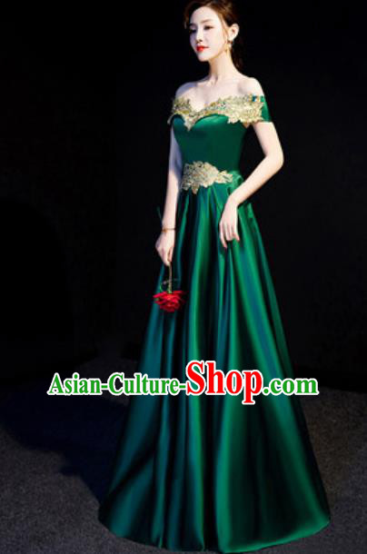 Top Compere Green Flat Shoulder Full Dress Evening Party Costume for Women