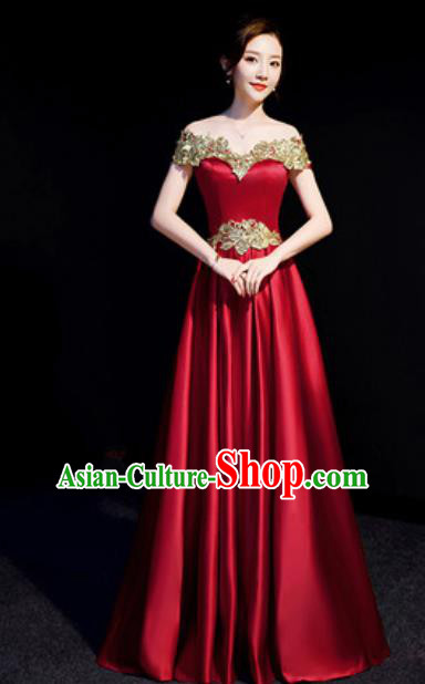 Top Compere Wine Red Flat Shoulder Full Dress Evening Party Costume for Women