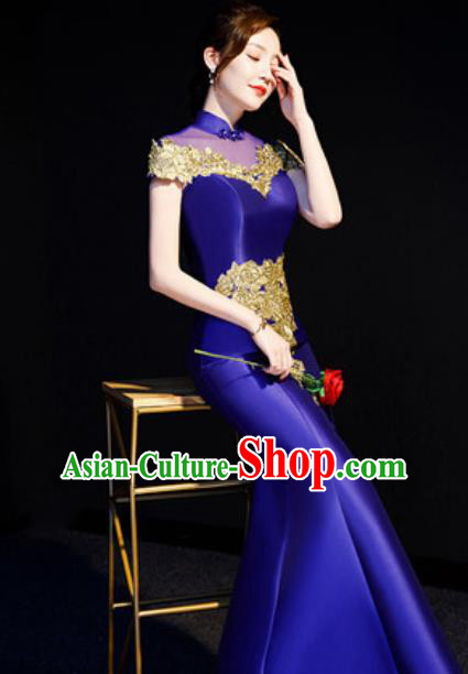 Chinese Traditional Bride Embroidered Royalblue Qipao Dress Spring Festival Gala Compere Cheongsam Costume for Women