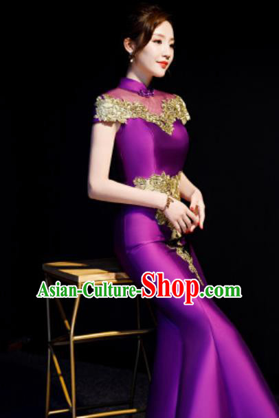 Chinese Traditional Bride Embroidered Purple Qipao Dress Spring Festival Gala Compere Cheongsam Costume for Women