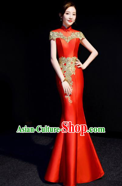 Chinese Traditional Bride Embroidered Red Qipao Dress Spring Festival Gala Compere Cheongsam Costume for Women