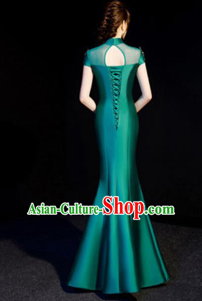 Chinese Traditional Bride Embroidered Green Qipao Dress Spring Festival Gala Compere Cheongsam Costume for Women