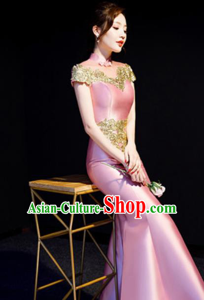 Chinese Traditional Bride Embroidered Pink Qipao Dress Spring Festival Gala Compere Cheongsam Costume for Women