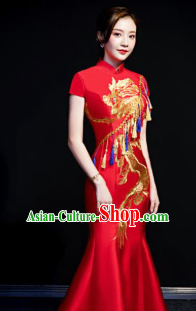Chinese Compere National Embroidered Dragon Red Full Dress Traditional Cheongsam Costume for Women
