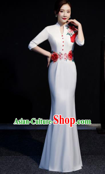 Chinese Compere National Embroidered Peony White Full Dress Traditional Cheongsam Costume for Women