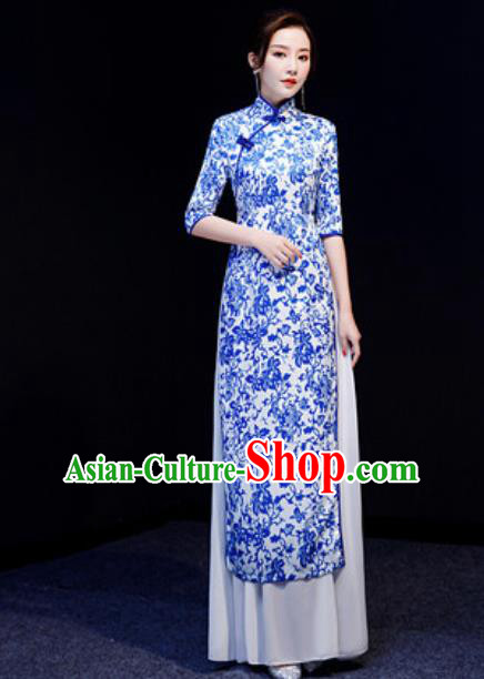 Chinese National Printing Blue Qipao Dress Traditional Compere Cheongsam Costume for Women
