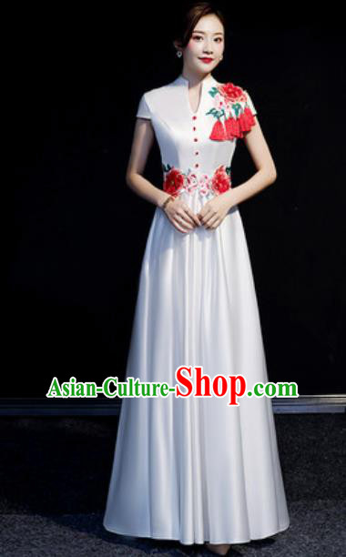 Chinese Compere Embroidered Peony White Full Dress Traditional National Cheongsam Costume for Women