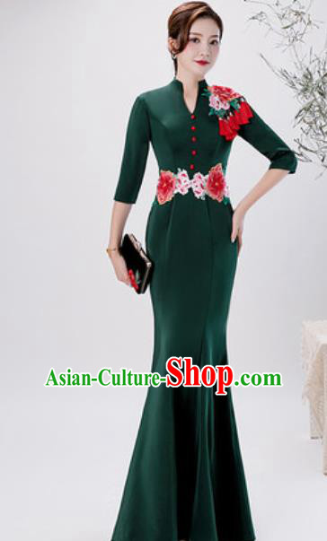 Chinese Compere Embroidered Peony Atrovirens Fishtail Full Dress Traditional National Cheongsam Costume for Women