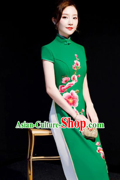 Chinese National Embroidered Peach Blossom Green Qipao Dress Traditional Compere Cheongsam Costume for Women