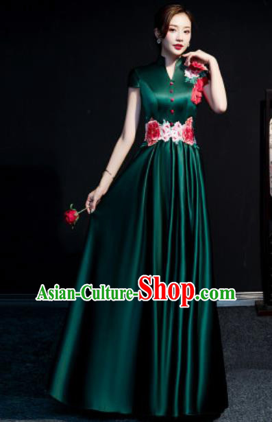Chinese Compere Embroidered Peony Atrovirens Full Dress Traditional National Cheongsam Costume for Women