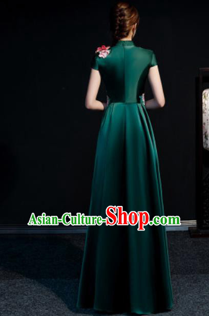 Chinese Compere Embroidered Peony Atrovirens Full Dress Traditional National Cheongsam Costume for Women