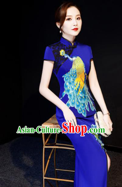 Chinese National Embroidered Peacock Royalblue Qipao Dress Traditional Compere Cheongsam Costume for Women