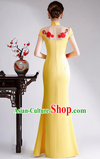 Chinese Compere Embroidered Phoenix Yellow Full Dress Traditional National Cheongsam Costume for Women