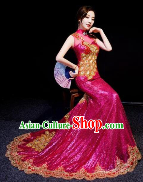 Chinese National Embroidered Peacock Rosy Trailing Qipao Dress Traditional Compere Cheongsam Costume for Women