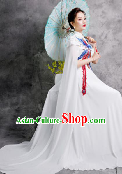 Chinese Compere Embroidered Phoenix White Trailing Full Dress Traditional National Cheongsam Costume for Women