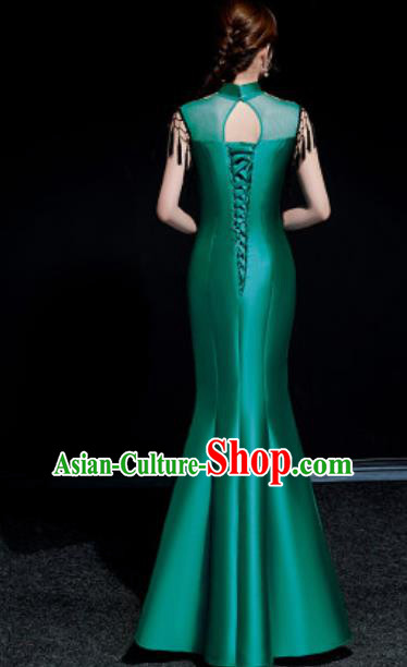 Chinese National Embroidered Green Qipao Dress Traditional Compere Cheongsam Costume for Women