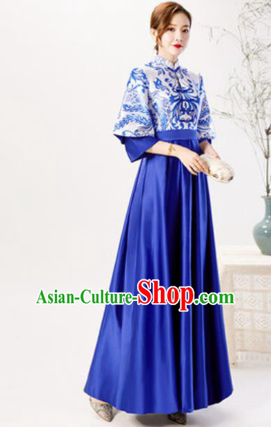 Chinese Compere Royalblue Brocade Full Dress Traditional National Cheongsam Chorus Costume for Women