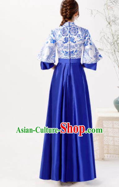 Chinese Compere Royalblue Brocade Full Dress Traditional National Cheongsam Chorus Costume for Women