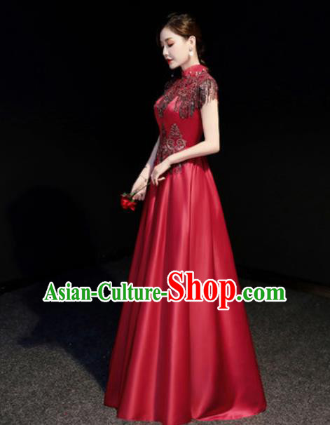 Chinese Compere Wine Red Full Dress Traditional National Cheongsam Chorus Costume for Women