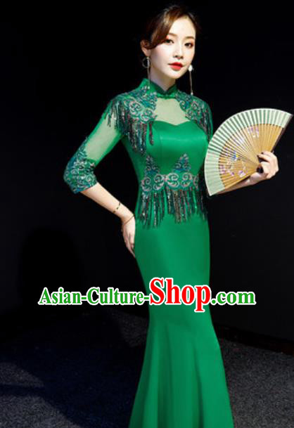 Chinese Compere Green Tassel Full Dress Traditional National Cheongsam Chorus Costume for Women