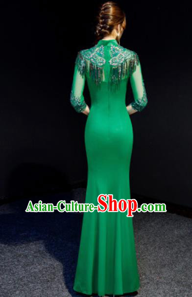 Chinese Compere Green Tassel Full Dress Traditional National Cheongsam Chorus Costume for Women