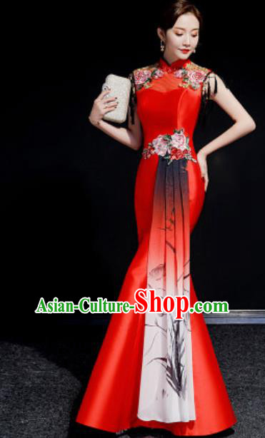 Chinese National Embroidered Red Qipao Dress Traditional Compere Cheongsam Costume for Women