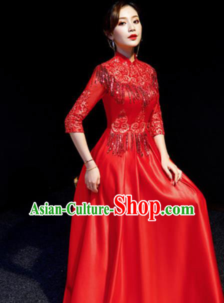 Chinese Chorus Red Tassel Full Dress Traditional National Compere Cheongsam Costume for Women