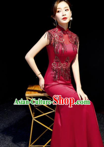 Chinese Chorus Wine Red Tassel Full Dress Traditional National Compere Cheongsam Costume for Women