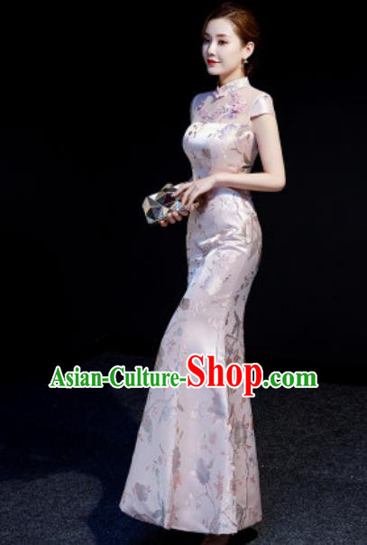 Chinese Chorus Pink Fishtail Full Dress Traditional National Compere Cheongsam Costume for Women