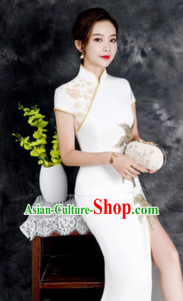 Chinese Chorus White Full Dress Traditional National Compere Cheongsam Costume for Women