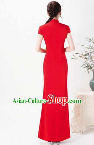 Chinese Chorus Red Full Dress Traditional National Compere Cheongsam Costume for Women