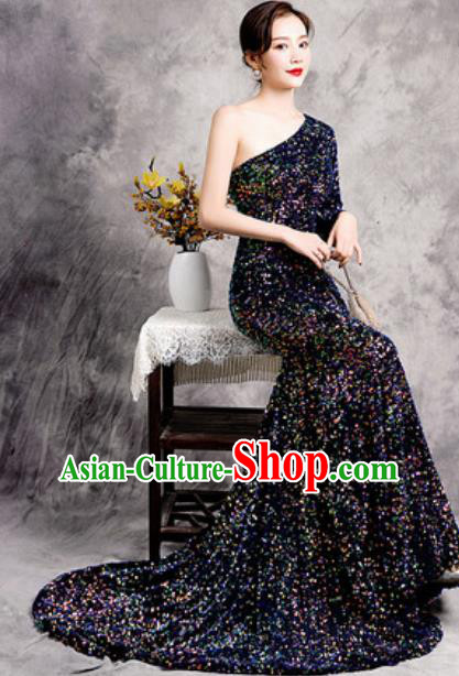 Top Compere Navy Single Shoulder Full Dress Evening Party Costume for Women