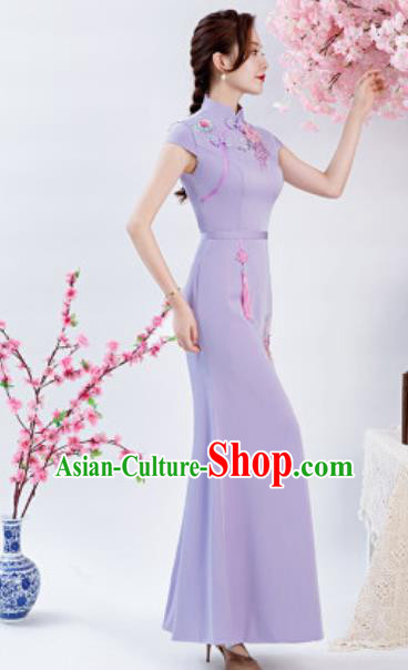 Chinese Chorus Embroidered Peony Lilac Qipao Dress Traditional National Compere Cheongsam Costume for Women