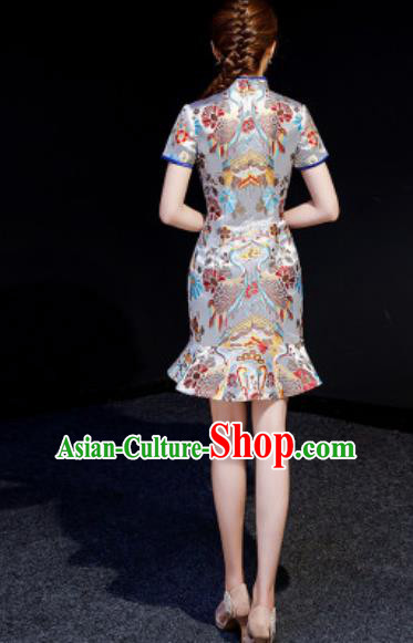 Chinese Chorus Grey Brocade Short Qipao Dress Traditional National Compere Cheongsam Costume for Women