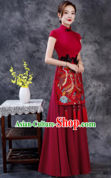 Chinese Chorus Printing Wine Red Chiffon Full Dress Traditional National Compere Cheongsam Costume for Women