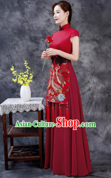 Chinese Chorus Printing Wine Red Chiffon Full Dress Traditional National Compere Cheongsam Costume for Women