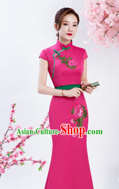 Chinese Chorus Embroidered Peony Rosy Qipao Dress Traditional National Compere Cheongsam Costume for Women