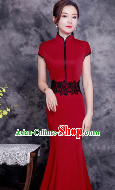 Chinese Chorus Wine Red Long Qipao Dress Traditional National Compere Cheongsam Costume for Women
