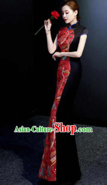 Chinese Chorus Red Mermaid Qipao Dress Traditional National Compere Cheongsam Costume for Women