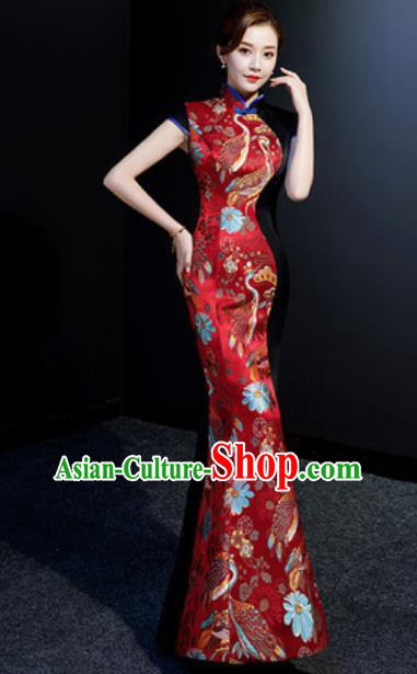 Chinese Chorus Red Mermaid Qipao Dress Traditional National Compere Cheongsam Costume for Women