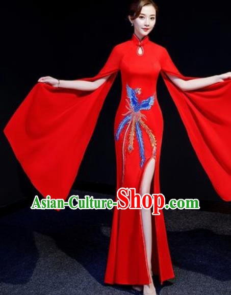 Chinese National Embroidered Phoenix Red Qipao Dress Traditional Compere Cheongsam Costume for Women