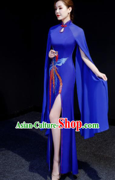 Chinese National Embroidered Phoenix Royalblue Qipao Dress Traditional Compere Cheongsam Costume for Women