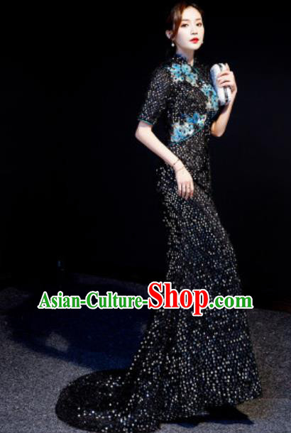 Chinese National Black Sequins Qipao Dress Traditional Compere Cheongsam Costume for Women